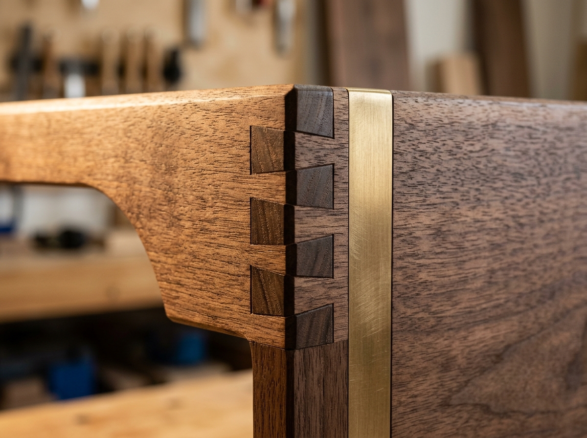 Close-up detail of dovetail joinery and brass pin