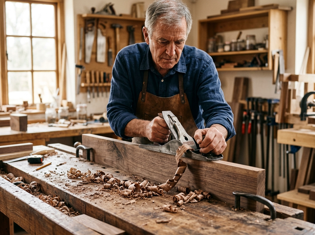 Master woodworker hand-planing timber at a workbench with wood curls