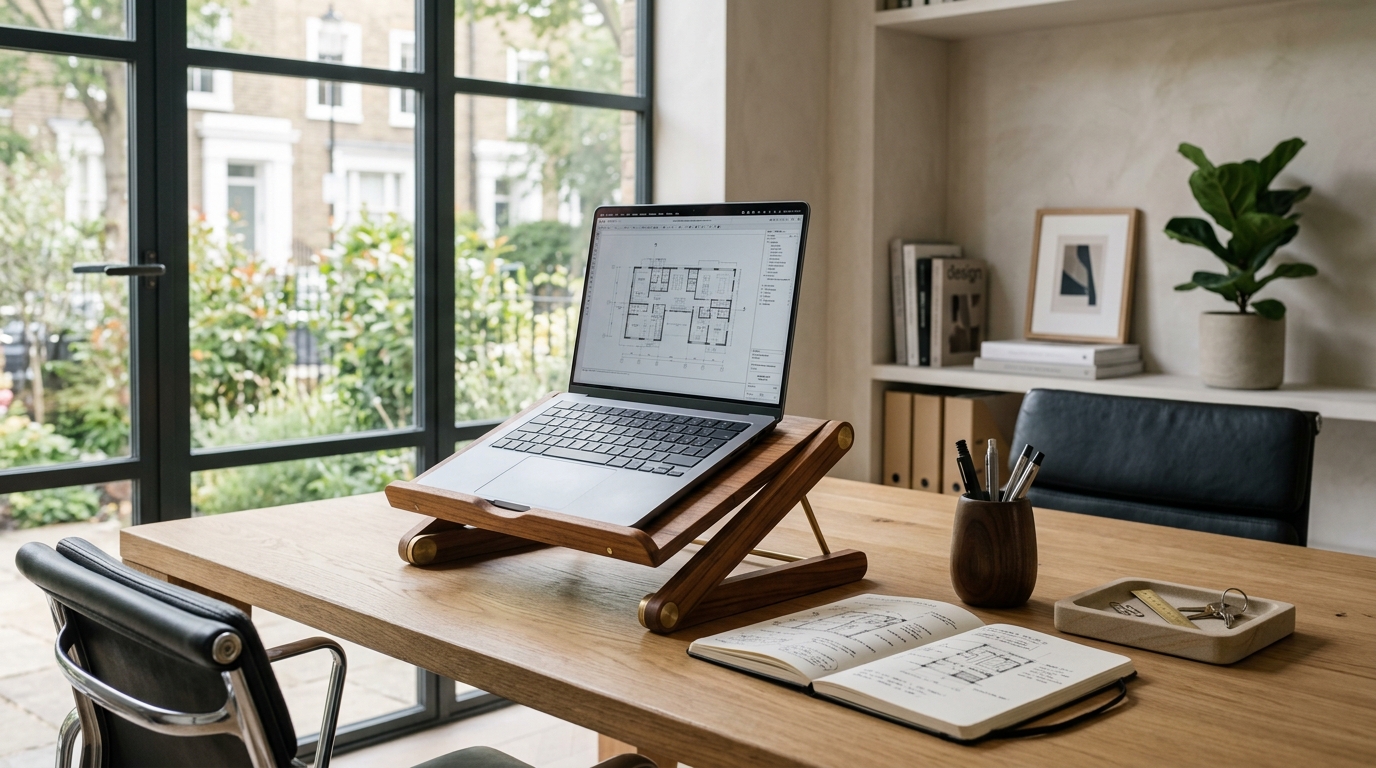 Folding laptop stand in seasoned teak and brass on a modern work desk