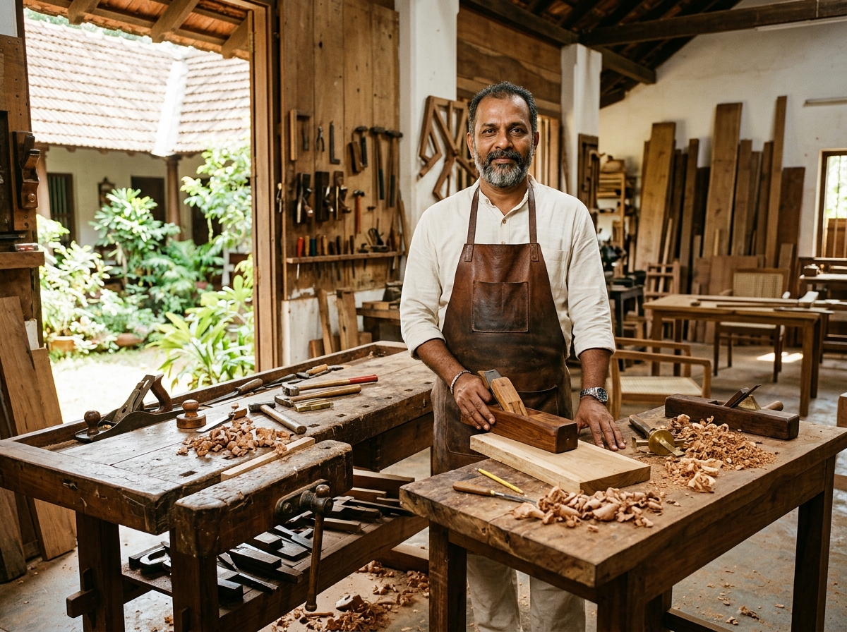 Skilled Indian master carpenter standing proudly in his sunlit workshop with hand tools and wood shavings