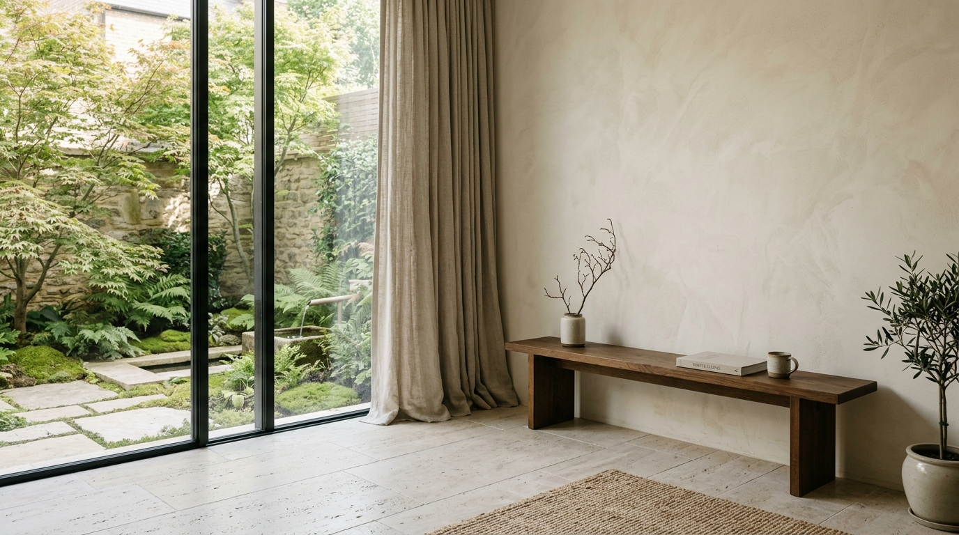 Serene modern interior with natural light and a handcrafted low bench
