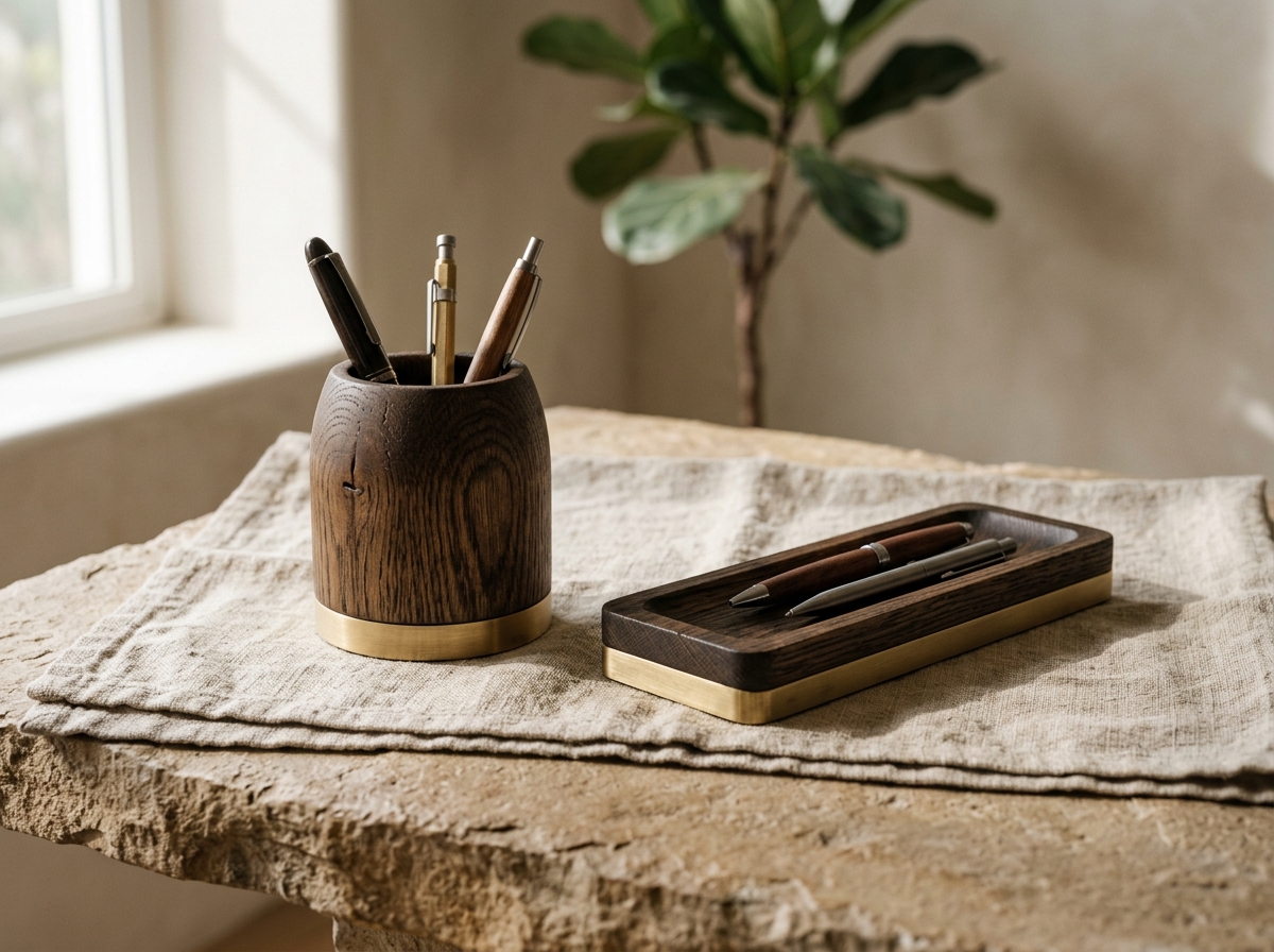 Turned wooden desk vessel and tray holding pens
