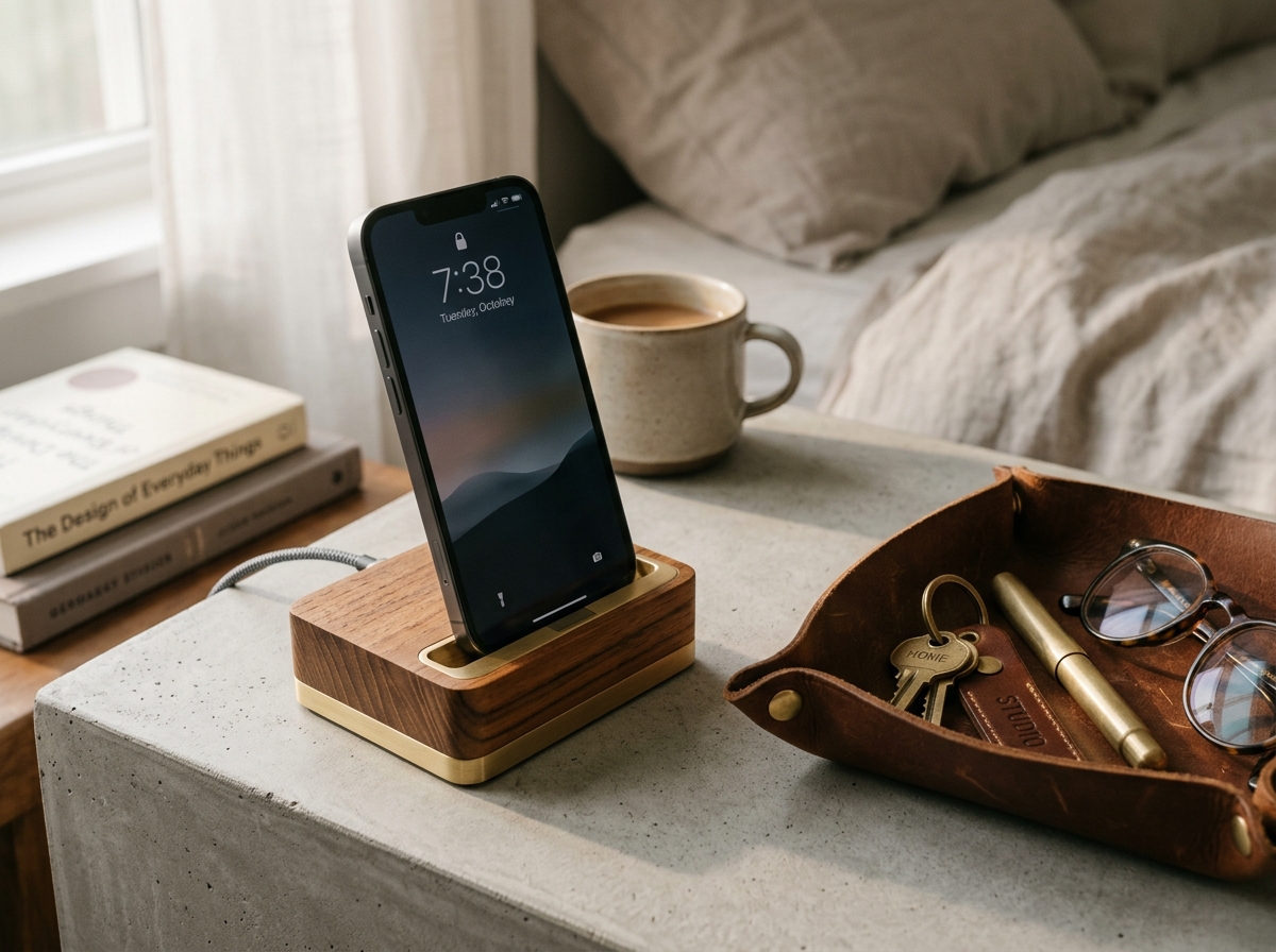 Wooden phone dock holding an iPhone upright on a bedside table beside leather valet tray